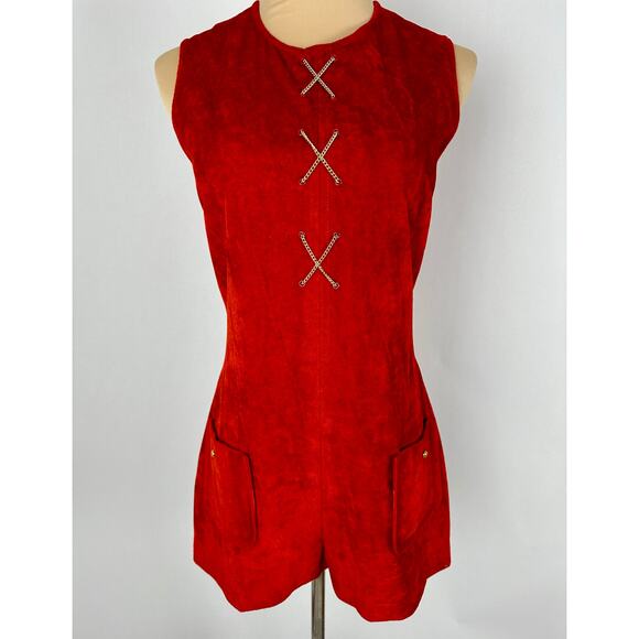 Vintage 60s Mod Go Go Red Orange Suede Romper Playsuit Size Small Medium - Picture 2 of 16